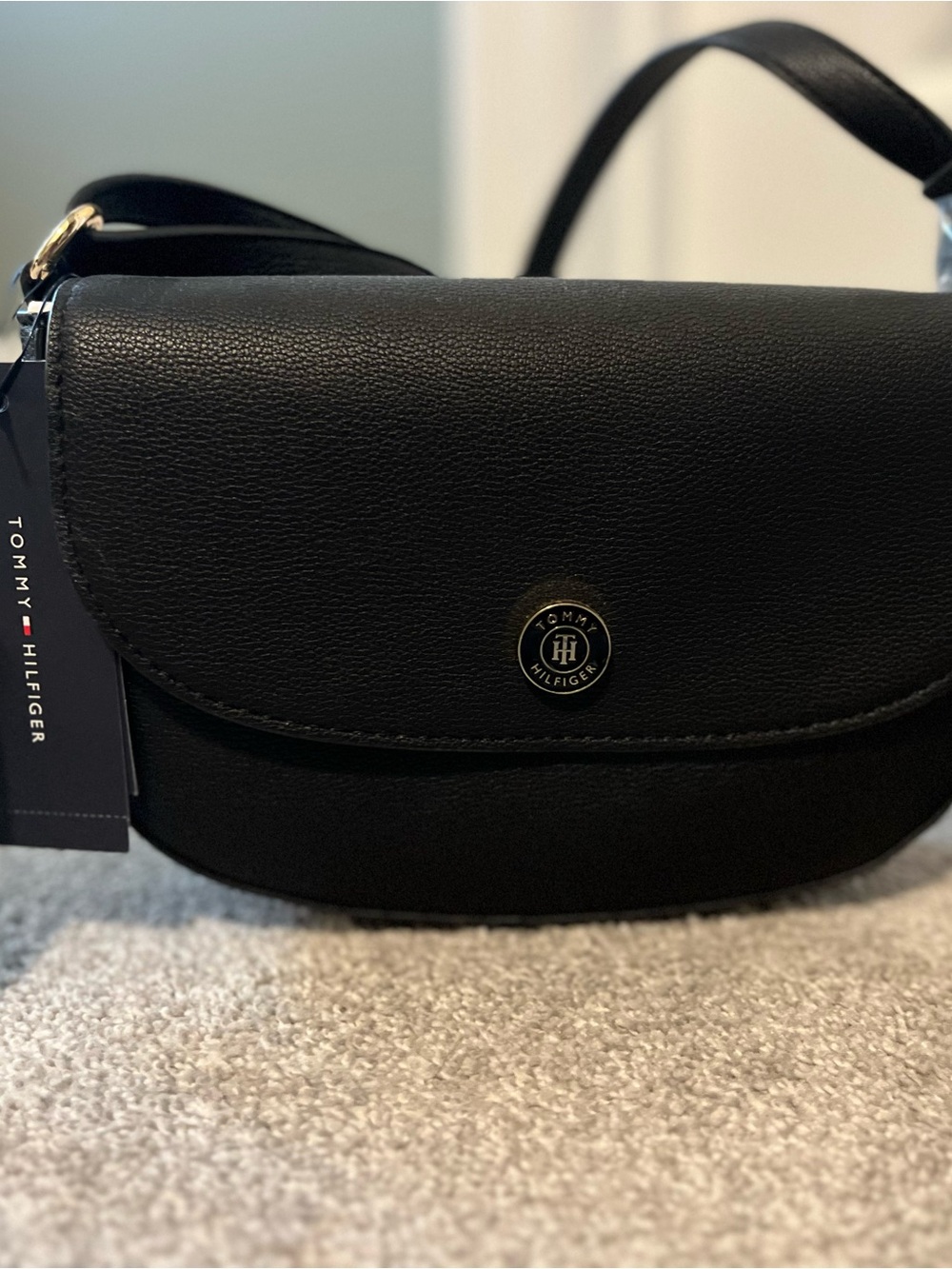 Tommy Hilfiger Black Pebbled Crossbody Saddle Bag